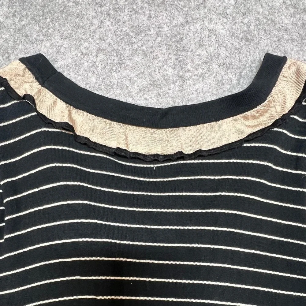 CAbi Flirt Striped Ruffle Cardigan Sweater Womens Small Black Cream 3/4 Sleeve